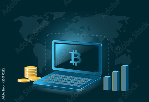 Bitcoin Cryptocurrency Coin Global Laptop Trade Background 