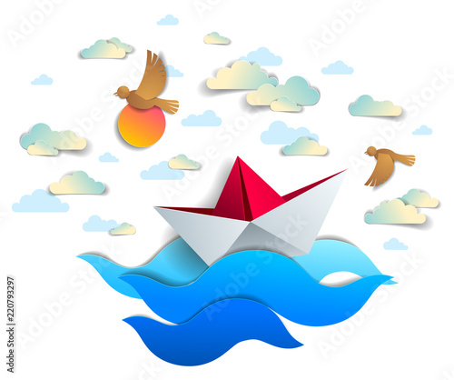 Paper ship swimming in sea waves, origami folded toy boat floating in the ocean with beautiful scenic seascape with birds and clouds in the sky, vector illustration.