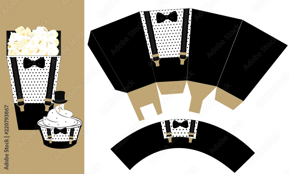 popcorn paper box and cupcake wrapping with suspenders and bow tie printable template for little man s birthday father s day party candy bar printing element with hat topper blueprint packaging stock vector