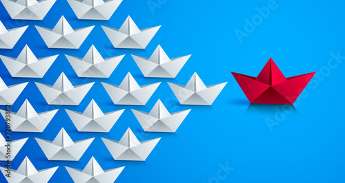 Swimming origami ship leading the team group of smaller ships, business leadership concept, vector modern style 3d realistic illustration. Marine sea armada, military.