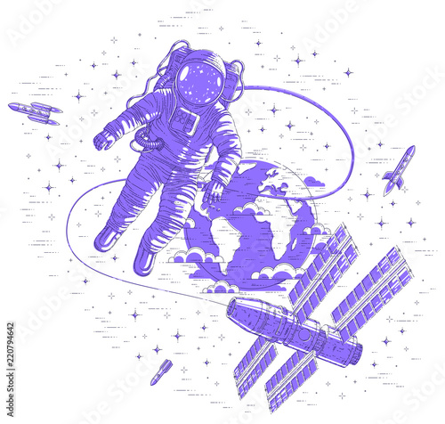 Spaceman flying in open space connected to space station and earth planet in background, astronaut man or woman in spacesuit floating in weightlessness and spacecraft, rockets and stars. Vector.