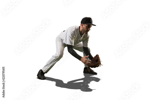 Wall Mural Isolated Baseball pitcher catch the ball on white background
