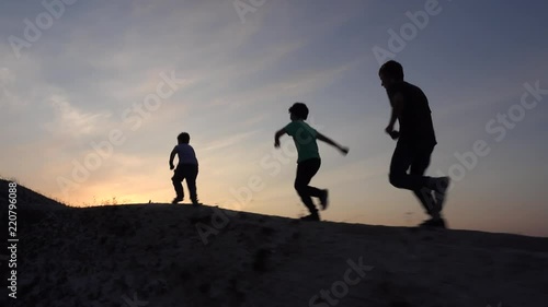 3 Boy Runs up the Mountain, morning. Children  Exercising for health, steadicam