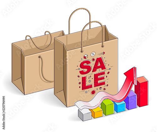 Shopping bag with growth chart, big sale, sellout, retail, Black Friday discount, eco paper bag isolated on white background. Isometric vector illustration, 3d thin line design.