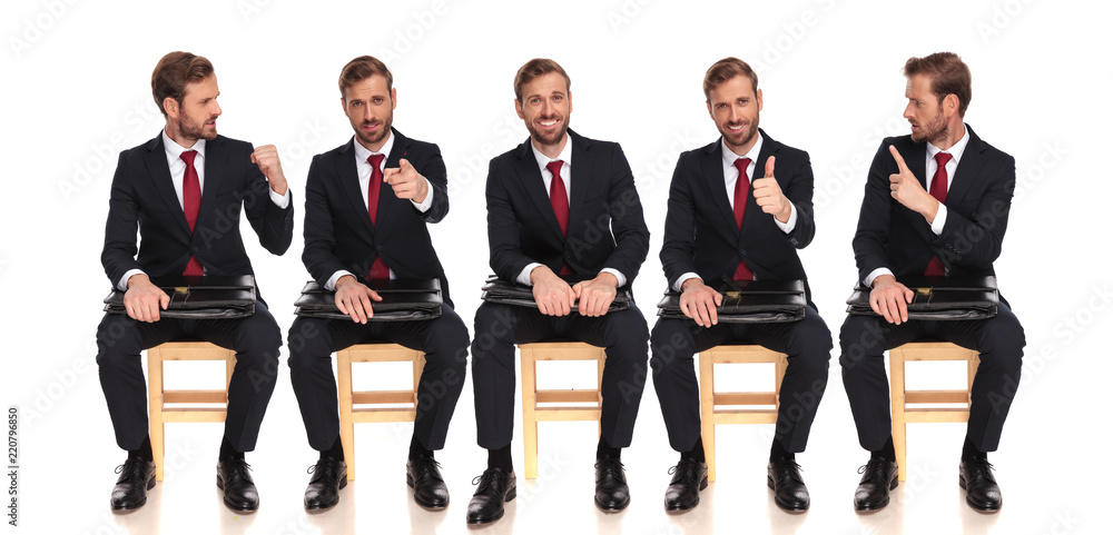 five poses of the same businessman sitting  and waiting