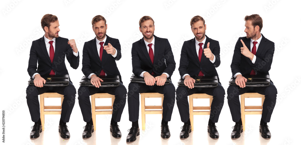 five poses of the same businessman sitting and waiting five poses of the same businessman sitting and waiting