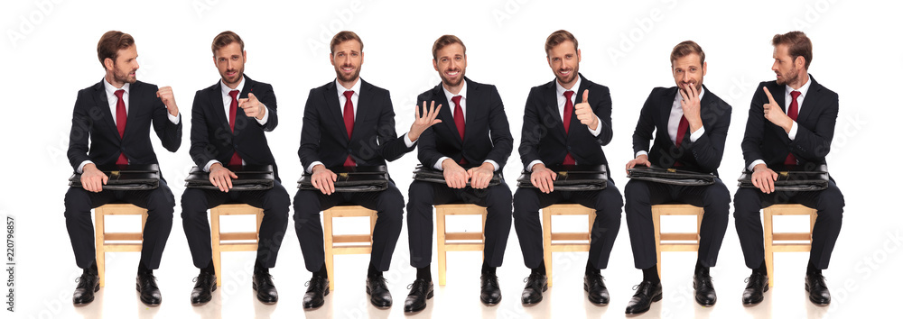 different poses of  young buinessman waiting for a job interview