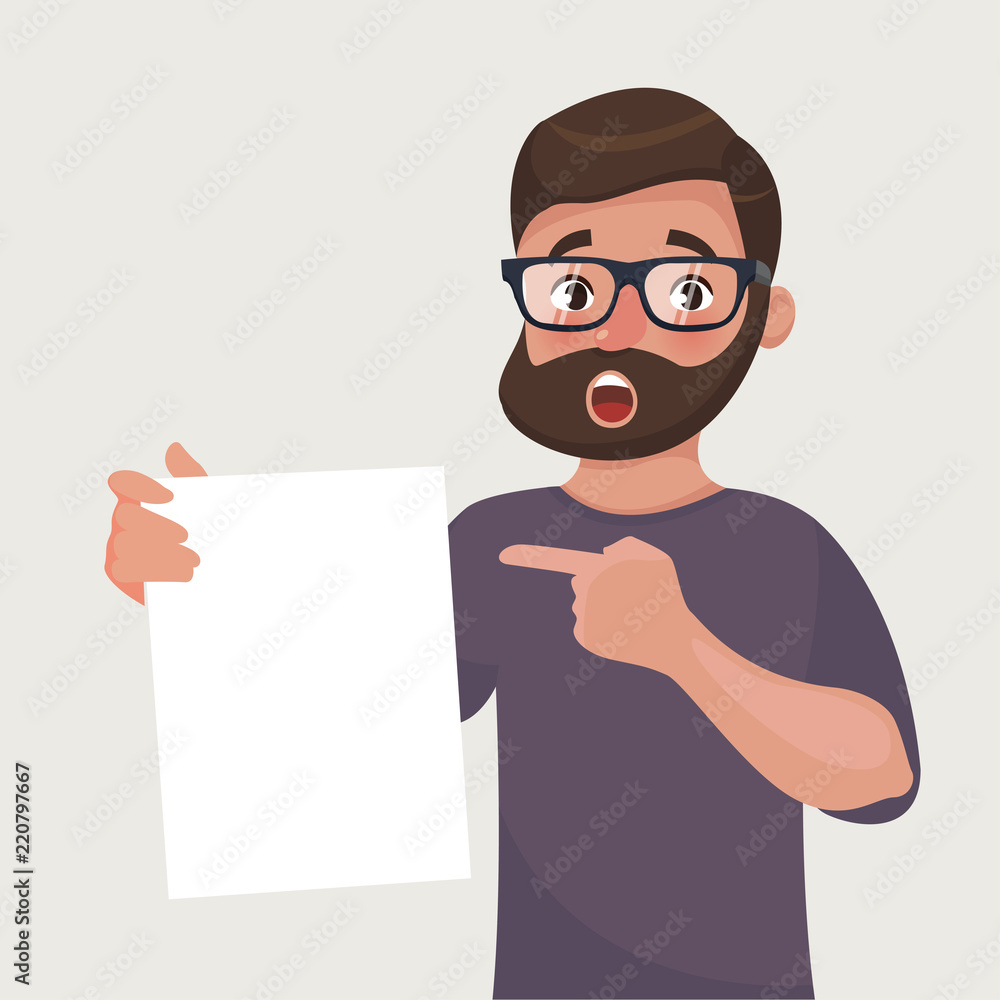 Man in glasses with beard shows a sheet of paper with the contract or other document. Vector illustration in cartoon style. Man in glasses with beard shows a sheet of paper with the contract or other document. Vector illustration in cartoon style.