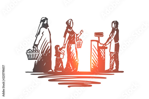 Shopping, purchases, muslim, family concept. Hand drawn isolated vector.