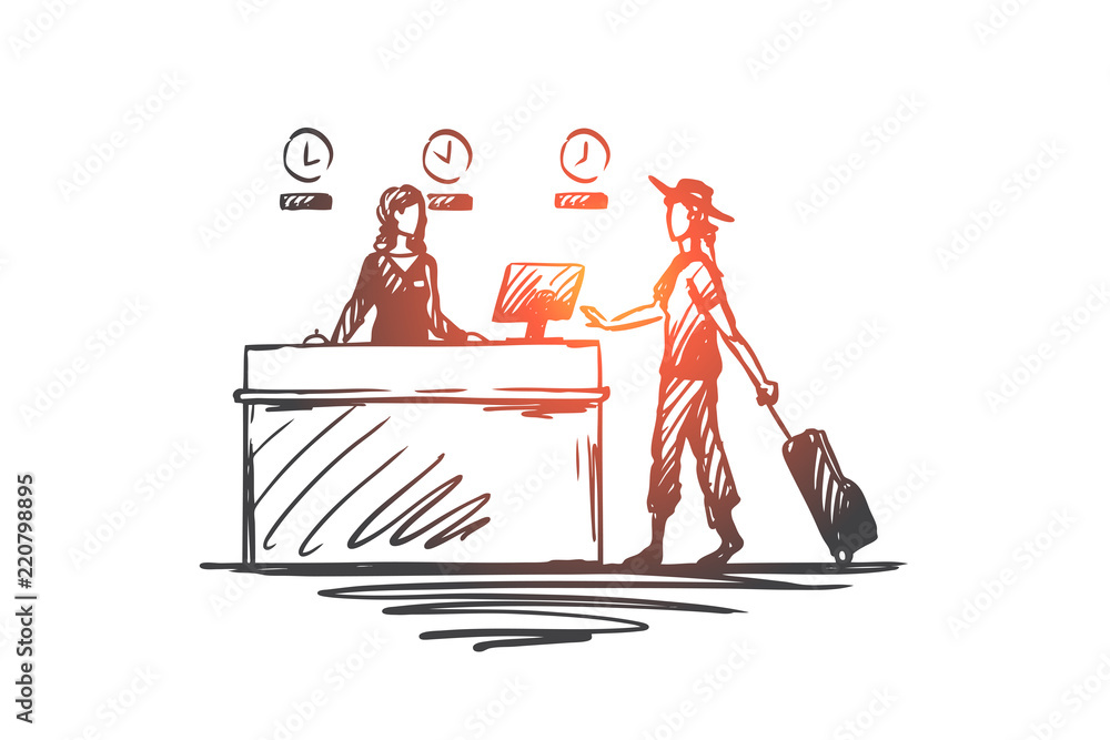 Airport, business trip, design, businesswoman, lifestyle concept. Hand drawn isolated vector.