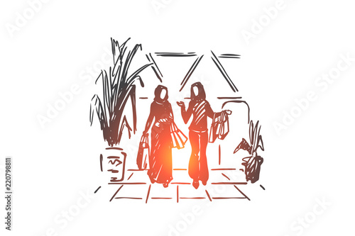 Shopping, boutique, muslim, arab, hijab concept. Hand drawn isolated vector.