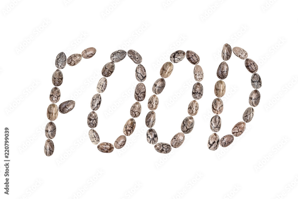 The word Food written with chia seeds and isolated on white background The word Food written with chia seeds and isolated on white background