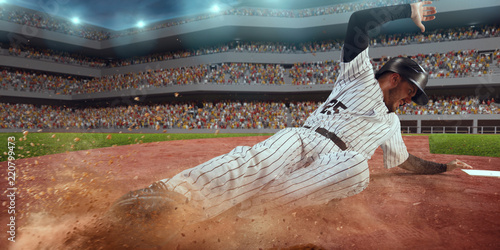 Photography Baseball runner slide to the second base on professional baseball stadium