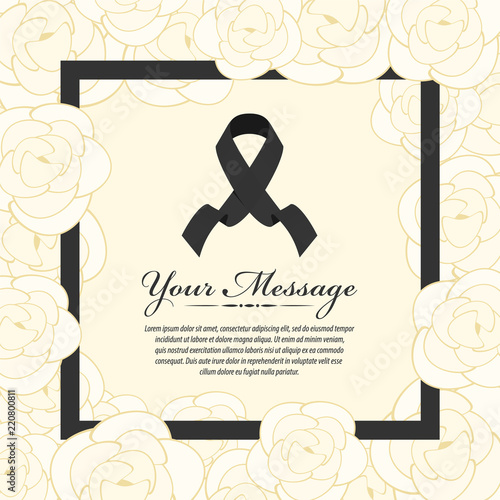 funeral card - Black ribbon and place for text in abstract white yellow rose and black frame vector design