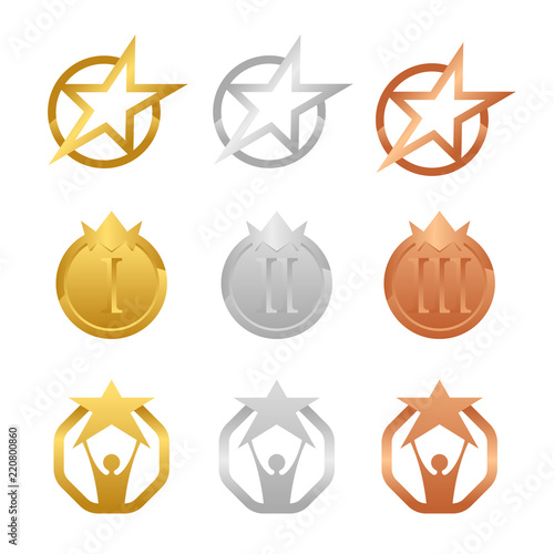 Gold, Silver And Bronze Award Medals with star and crown concept vector set design