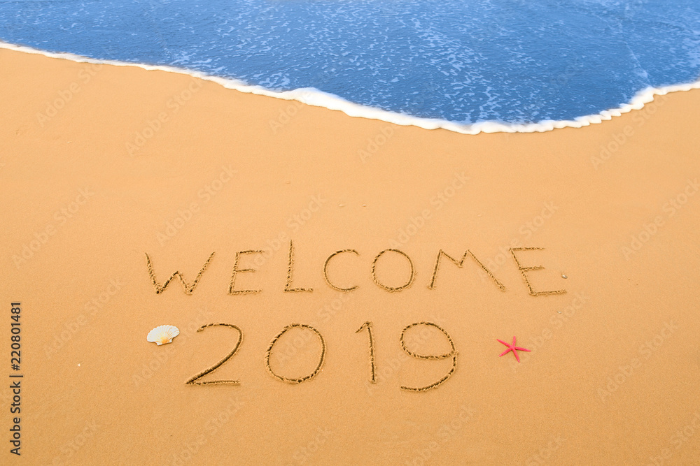 Fototapeta premium welcome 2019 written in the sand on a beach near the coastline