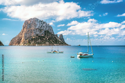 Picturesque view of the mysterious island of Es Vedra. Ibiza, Spain