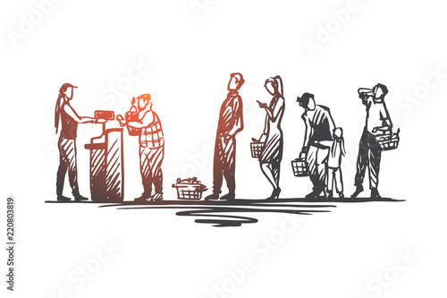 Shopping, purchases, queue, waiting, cash desk concept. Hand drawn isolated vector.