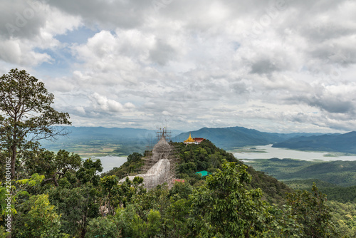 Beautiful Temple on the top of mountain with Lake landscape
