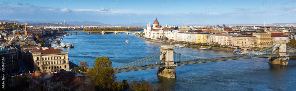 Historical center of Budapest with Chain Bridge and Parliament