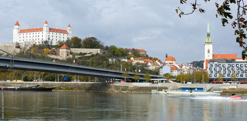 Fototapeta premium Bratislava castle and Saint Martins cathedral, river Danube