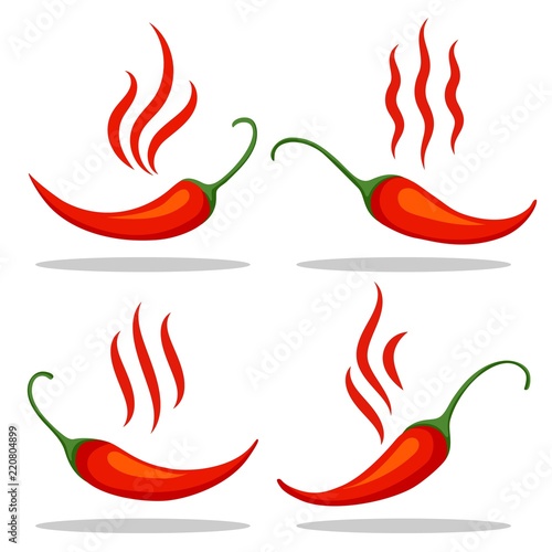 Hot spicy food. Red tabasco pepper savoury meal icons, chilli or cayenne burning peppers symbols isolated on white background