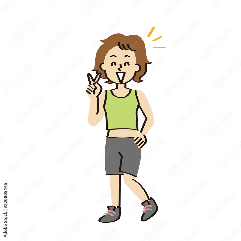フィットネスウェアを着てピースをする中年女性 フィットネスウェアを着てピースをする中年女性