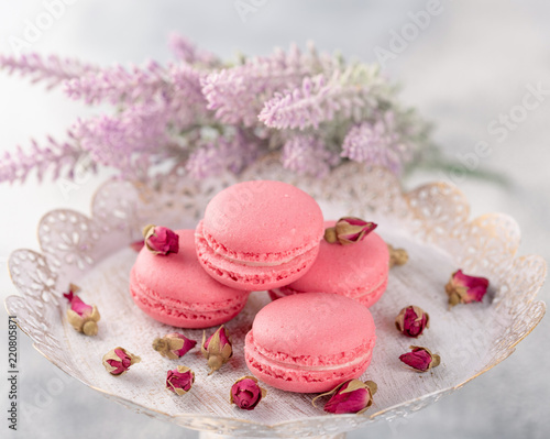 Pink macaroons on a vintage plate and dried flower buds. Pastel colored.