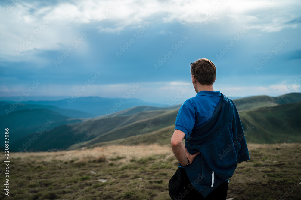 Active hiker enjoying the view. Carpathians, Ukraine