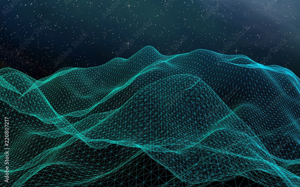 Fototapeta premium Star horizon. Abstract landscape on a dark background. Cyberspace grid. Hi-tech network. Outer space. Starry outer space texture. 3D illustration
