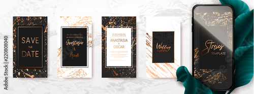 Editable template pack with gold and marble texture. Trendy kit, social and fashion ads, promotion flyer backgrounds, vector design. 