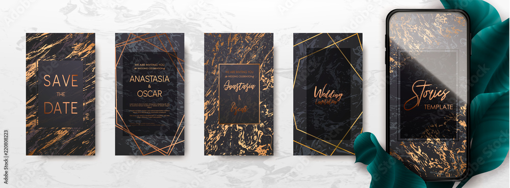 Editable template pack with gold and marble texture. Trendy kit, social and fashion ads, promotion flyer backgrounds, vector design. 