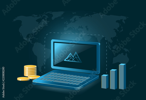 Cryptocurrency Coin Global Laptop Trade Background 