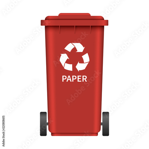 Paper garbage wheel box mockup. Realistic illustration of paper garbage wheel box vector mockup for web design isolated on white background