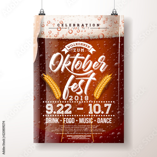 Oktoberfest party poster illustration with fresh dark beer and wheatear on clear background. Vector celebration flyer template with typography lettering for traditional German beer festival.