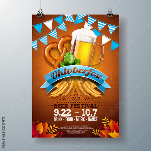 Oktoberfest party poster illustration with fresh lager beer, pretzel, sausage and blue and white party flag on shiny yellow background. Vector celebration flyer template for traditional German beer