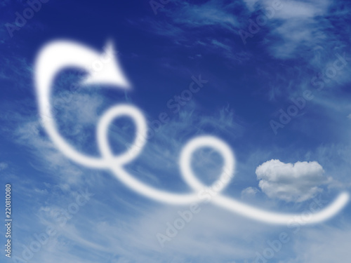 Loops and loopholes in the sky, with clouds and arrow. Escape, fly away concept. photo