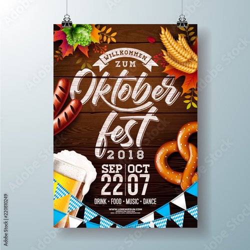 Oktoberfest party poster vector illustration with typography letter, fresh beer, pretzel, sausage and falling autumn leaves on wood texture background. Celebration flyer template for traditional