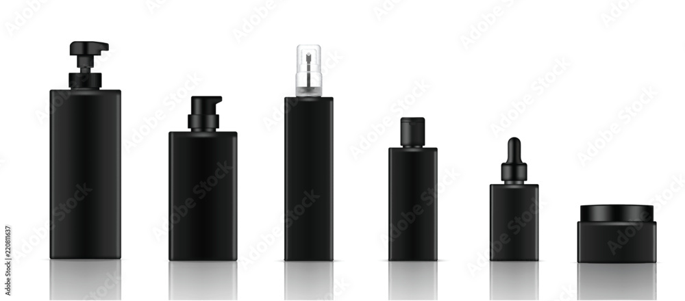 Mock up Realistic Black Cosmetic Soap, Shampoo, Cream, Oil Dropper and Spray Bottles Set for Skincare Product Background Illustration