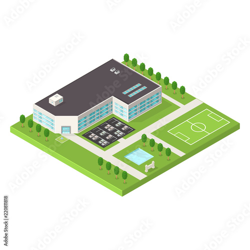 Isometric Vector University School Icon.
Modern education building campus.
