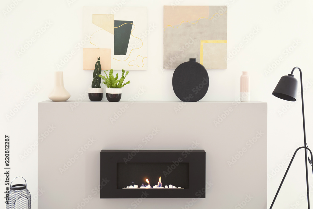 Posters above fireplace in bright living room interior with lamp and plants. Real photo Posters above fireplace in bright living room interior with lamp and plants. Real photo