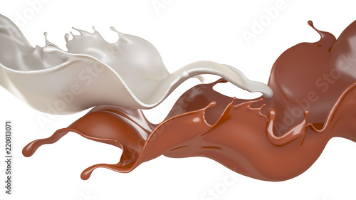 Milk and chocolate splash, liquid. 3d illustration, 3d rendering.