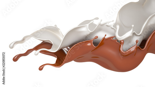 Milk and chocolate splash, liquid. 3d illustration, 3d rendering.