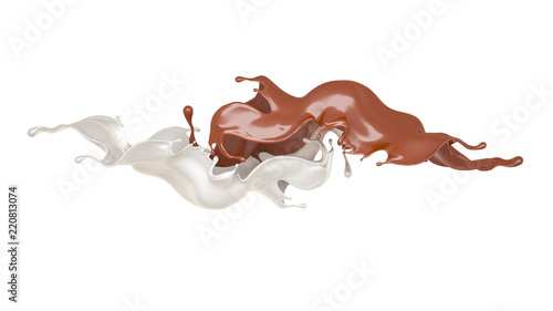 Milk and chocolate splash, liquid. 3d illustration, 3d rendering.