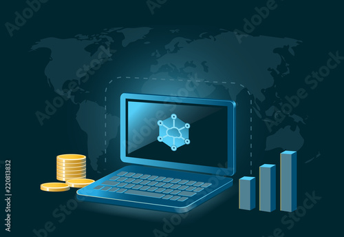 Storj Cryptocurrency Coin Global Laptop Trade Background 