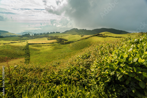 Wonderful hills and fields landscape in Sao Miguel, Azores Islands