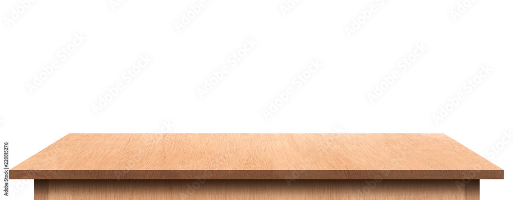 Empty wooden tabletop isolated on white background. For your product placement or montage with focus to the table top in the foreground. Empty wooden shelf. shelves Empty wooden tabletop isolated on white background. For your product placement or montage with focus to the table top in the foreground. Empty wooden shelf. shelves