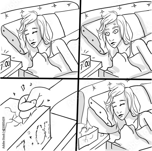 Woman waking up by the morning alarm Vector. Cartoon comics, storyboard artlines