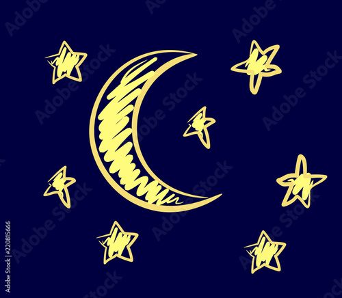 Month with the stars in the sky at night, drawing by hand style, sketch,
doodle
