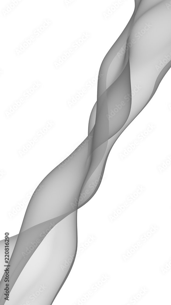 Abstract gray wave. Bright gray ribbon on white background. Gray scarf. Abstract smoke. Raster air background. Vertical image orientation. 3D illustration